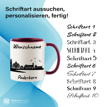 Tasse in Bordeauxrot 330ml bedruckt mit der Skyline von Paderborn personalisierbar mit Wunschname
