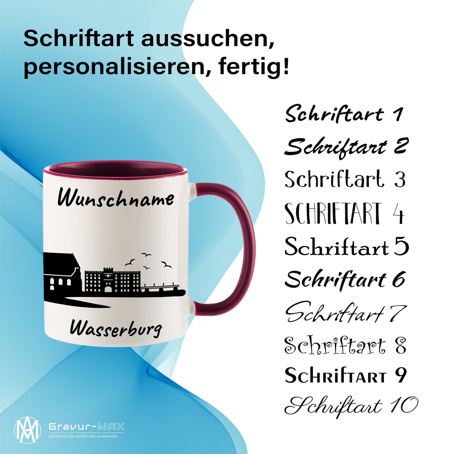 Tasse in Bordeauxrot 330ml bedruckt mit der Skyline von Wasserburg personalisierbar mit Wunschname