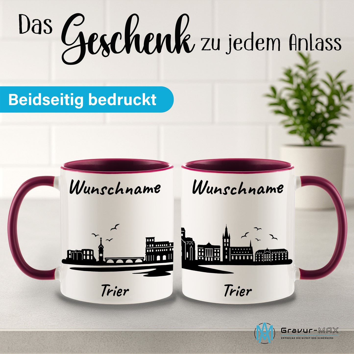 Tasse in Bordeauxrot 330ml bedruckt mit der Skyline von Trier personalisierbar mit Wunschname