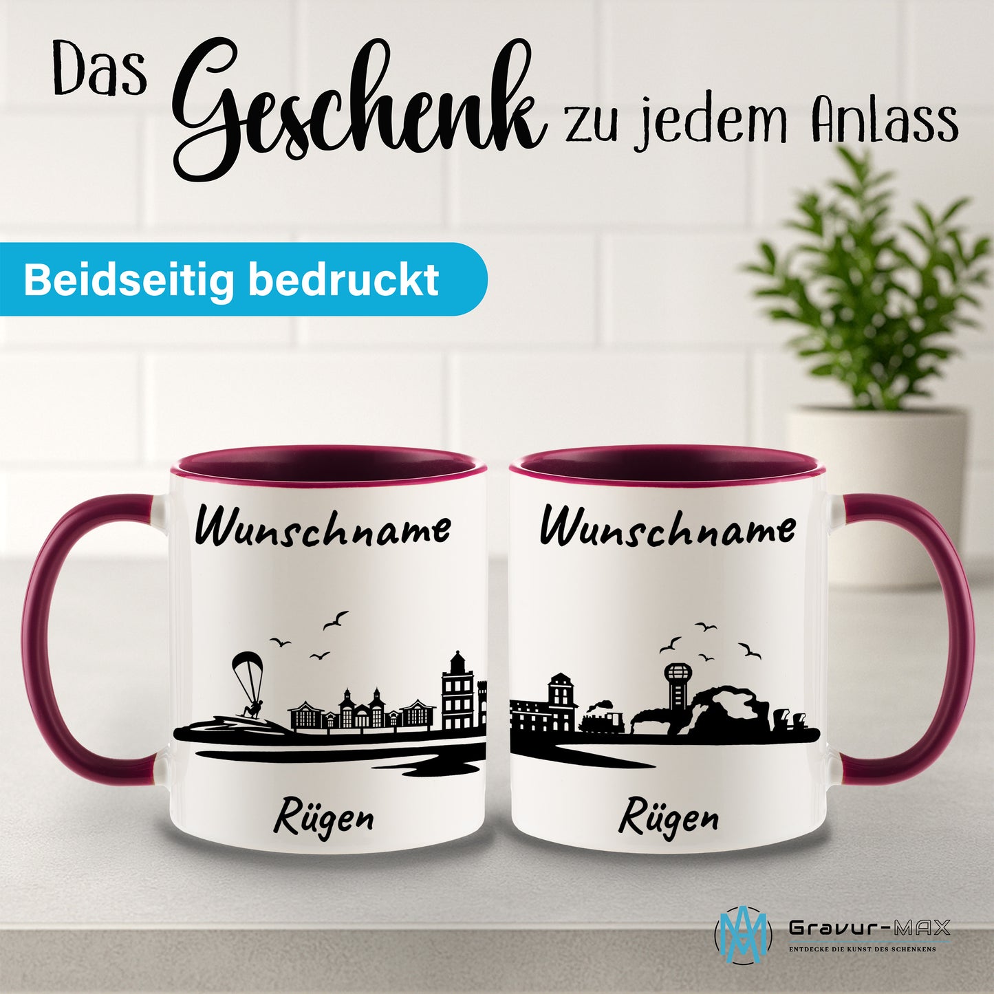Tasse in Bordeauxrot 330ml bedruckt mit der Skyline von Rügen personalisierbar mit Wunschname