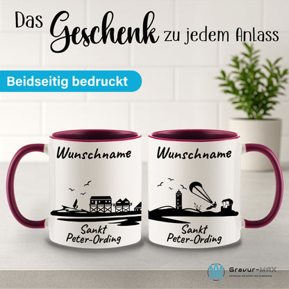 Tasse in Bordeauxrot 330ml bedruckt mit der Skyline von Sankt Peter-Ording personalisierbar mit Wunschname