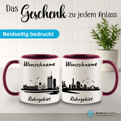 Tasse in Bordeauxrot 330ml bedruckt mit der Skyline von Ruhrgebiet personalisierbar mit Wunschname