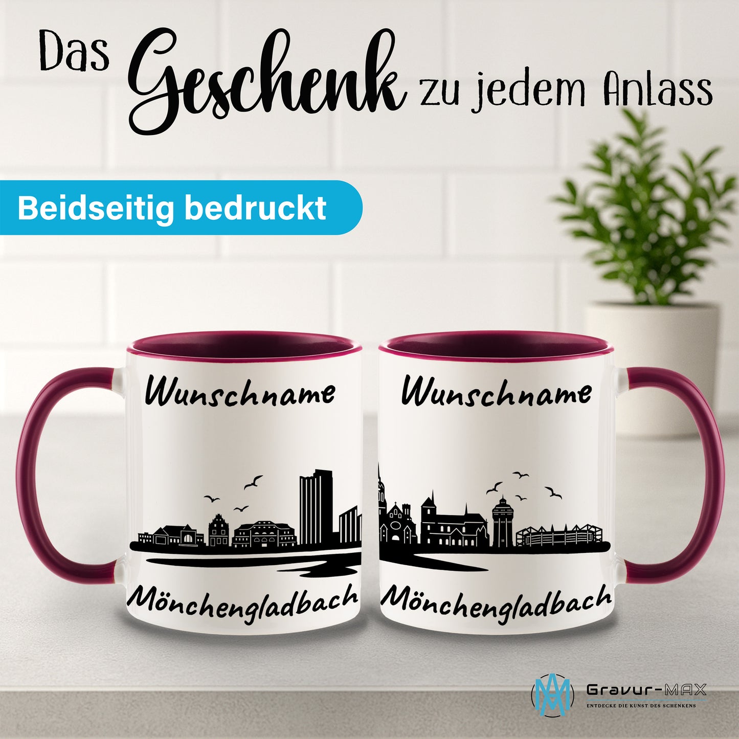 Tasse in Bordeauxrot 330ml bedruckt mit der Skyline von Mönchengladbach personalisierbar mit Wunschname