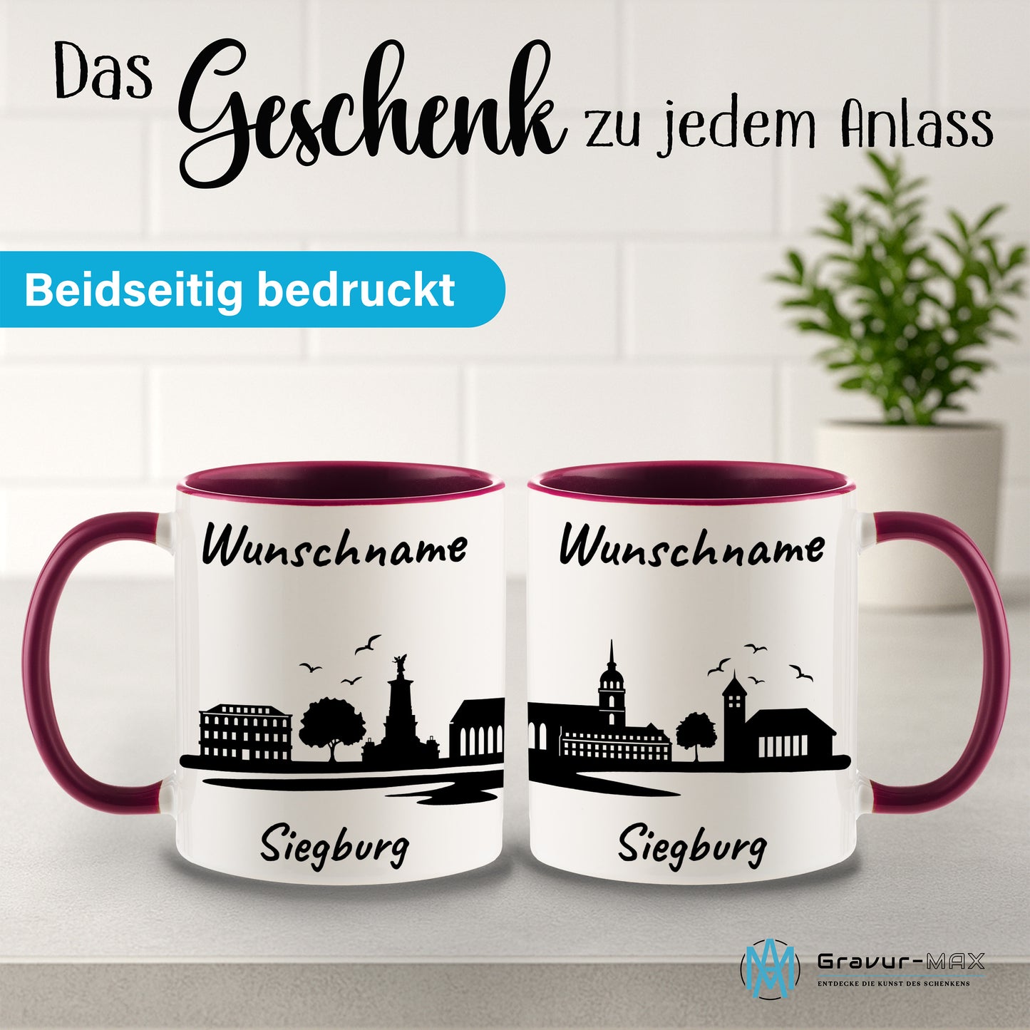 Tasse in Bordeauxrot 330ml bedruckt mit der Skyline von Siegburg personalisierbar mit Wunschname