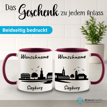 Tasse in Bordeauxrot 330ml bedruckt mit der Skyline von Siegburg personalisierbar mit Wunschname