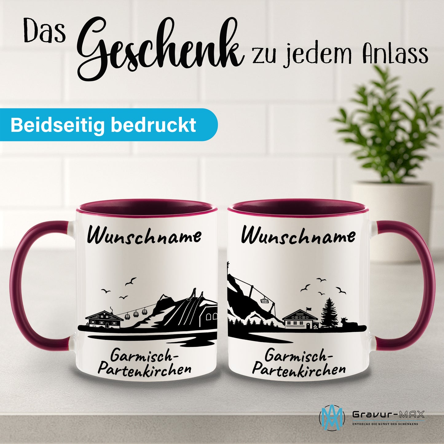 Tasse in Bordeauxrot 330ml bedruckt mit der Skyline von Garmisch-Partenkirchen personalisierbar mit Wunschname