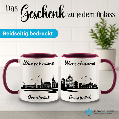 Tasse in Bordeauxrot 330ml bedruckt mit der Skyline von Osnabrück personalisierbar mit Wunschname