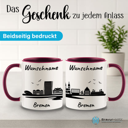 Tasse in Bordeauxrot 330ml bedruckt mit der Skyline von Bremen personalisierbar mit Wunschname