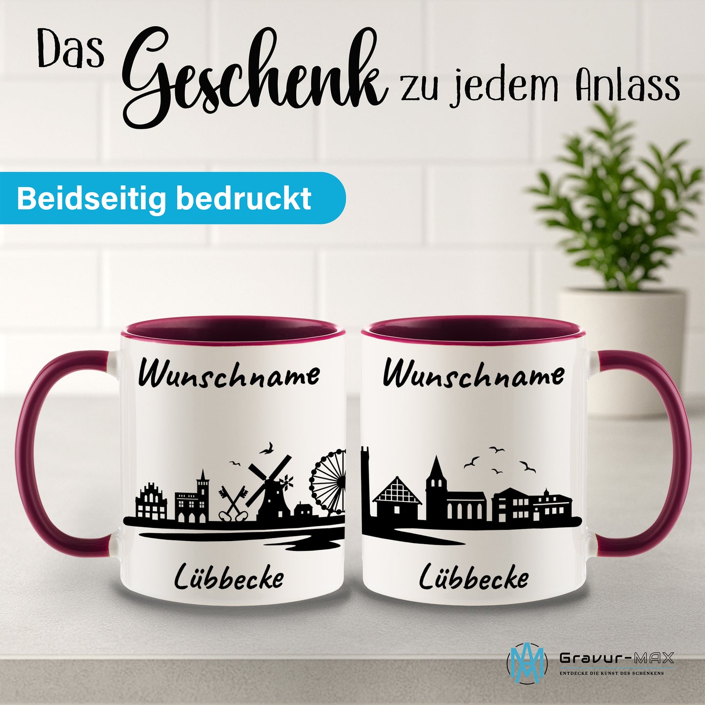 Tasse in Bordeauxrot 330ml bedruckt mit der Skyline von Lübbecke personalisierbar mit Wunschname