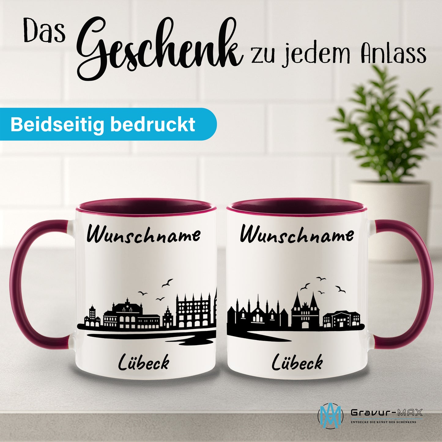 Tasse in Bordeauxrot 330ml bedruckt mit der Skyline von Lübeck personalisierbar mit Wunschname