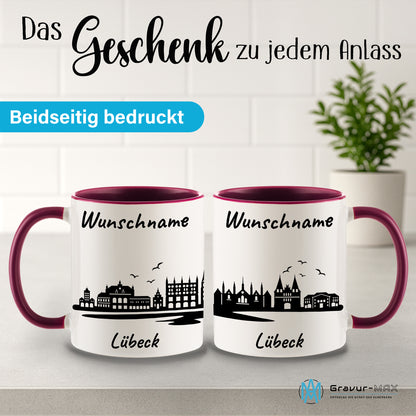Tasse in Bordeauxrot 330ml bedruckt mit der Skyline von Lübeck personalisierbar mit Wunschname
