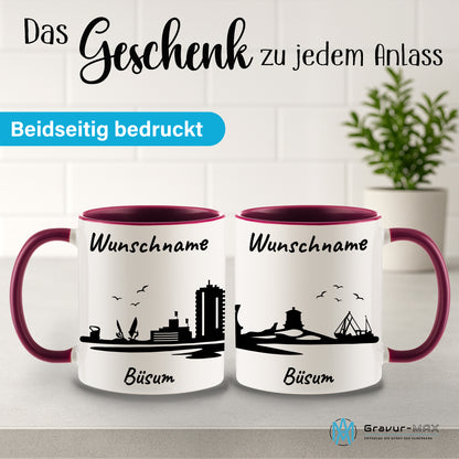 Tasse in Bordeauxrot 330ml bedruckt mit der Skyline von Büsum personalisierbar mit Wunschname