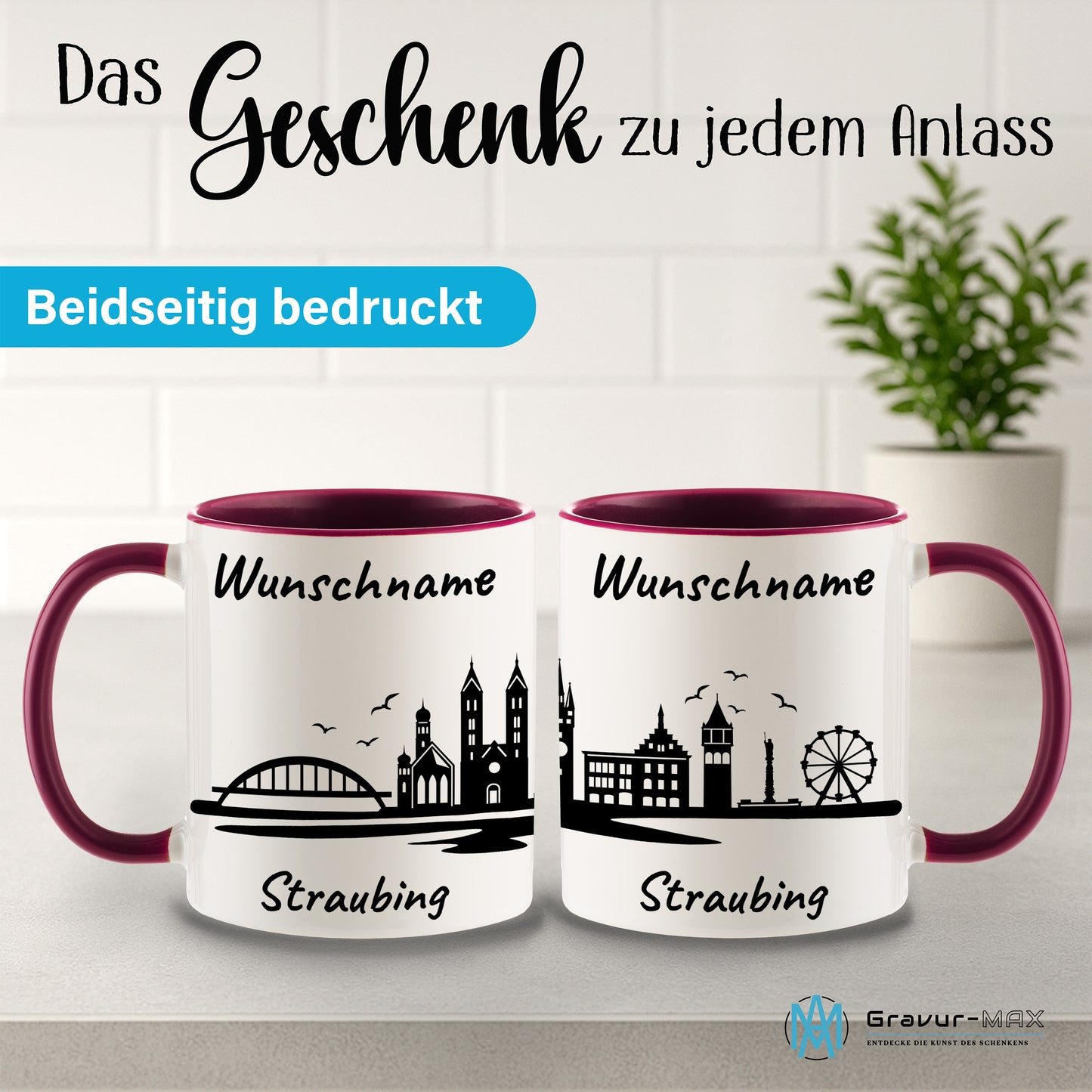 Tasse in Bordeauxrot 330ml bedruckt mit der Skyline von Straubing personalisierbar mit Wunschname
