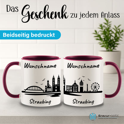 Tasse in Bordeauxrot 330ml bedruckt mit der Skyline von Straubing personalisierbar mit Wunschname