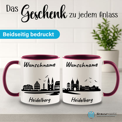 Tasse in Bordeauxrot 330ml bedruckt mit der Skyline von Heidelberg personalisierbar mit Wunschname