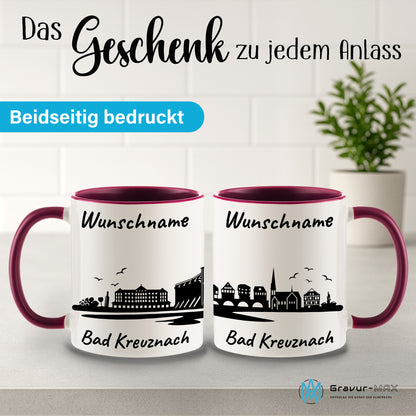 Tasse in Bordeauxrot 330ml bedruckt mit der Skyline von Bad Kreuznach personalisierbar mit Wunschname