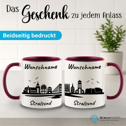 Tasse in Bordeauxrot 330ml bedruckt mit der Skyline von Stralsund personalisierbar mit Wunschname