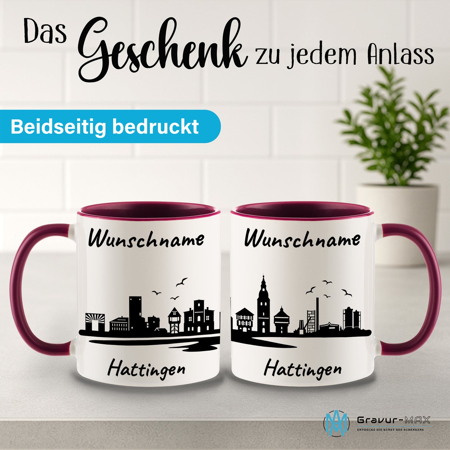Tasse in Bordeauxrot 330ml bedruckt mit der Skyline von Hattingen personalisierbar mit Wunschname