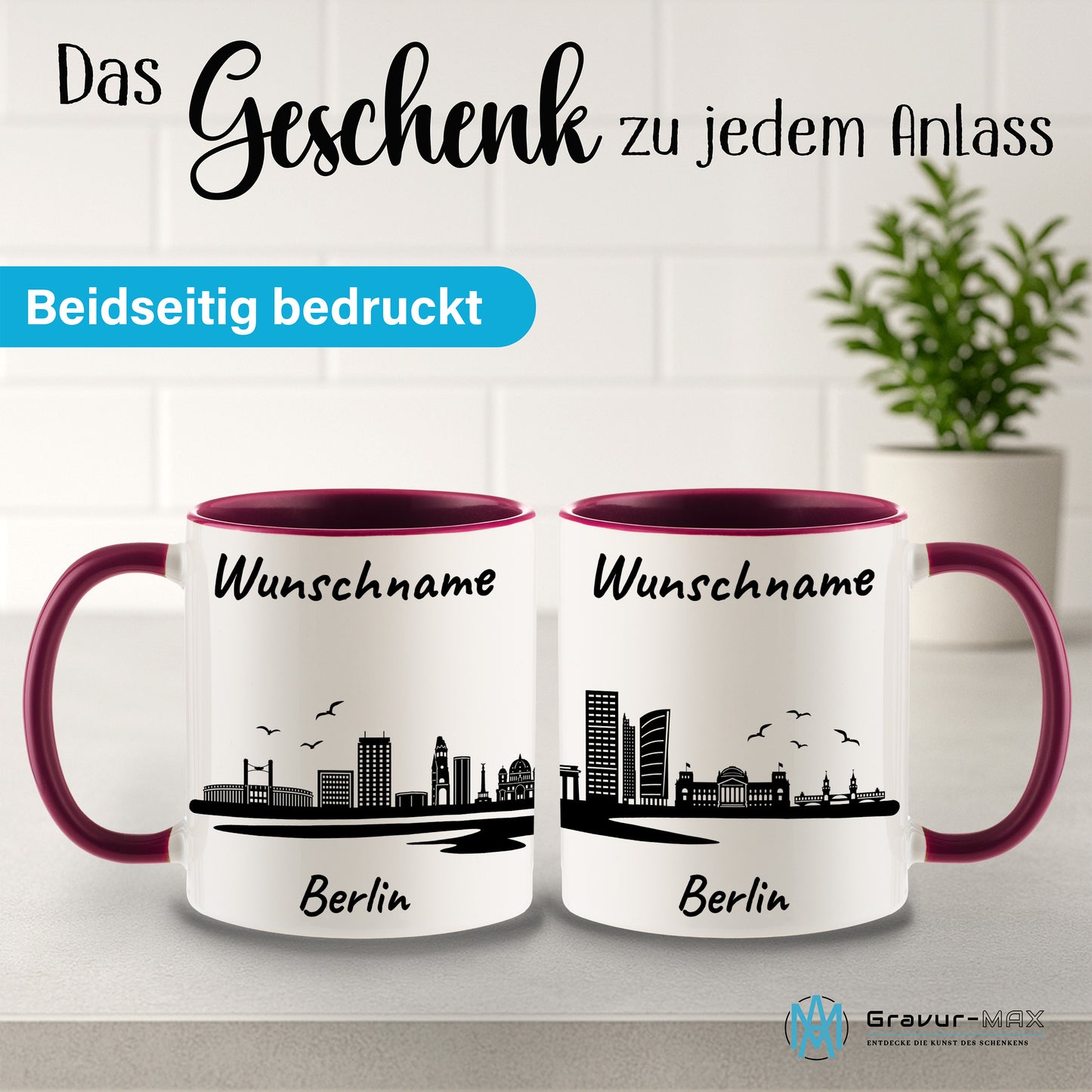 Tasse in Bordeauxrot 330ml bedruckt mit der Skyline von Berlin personalisierbar mit Wunschname