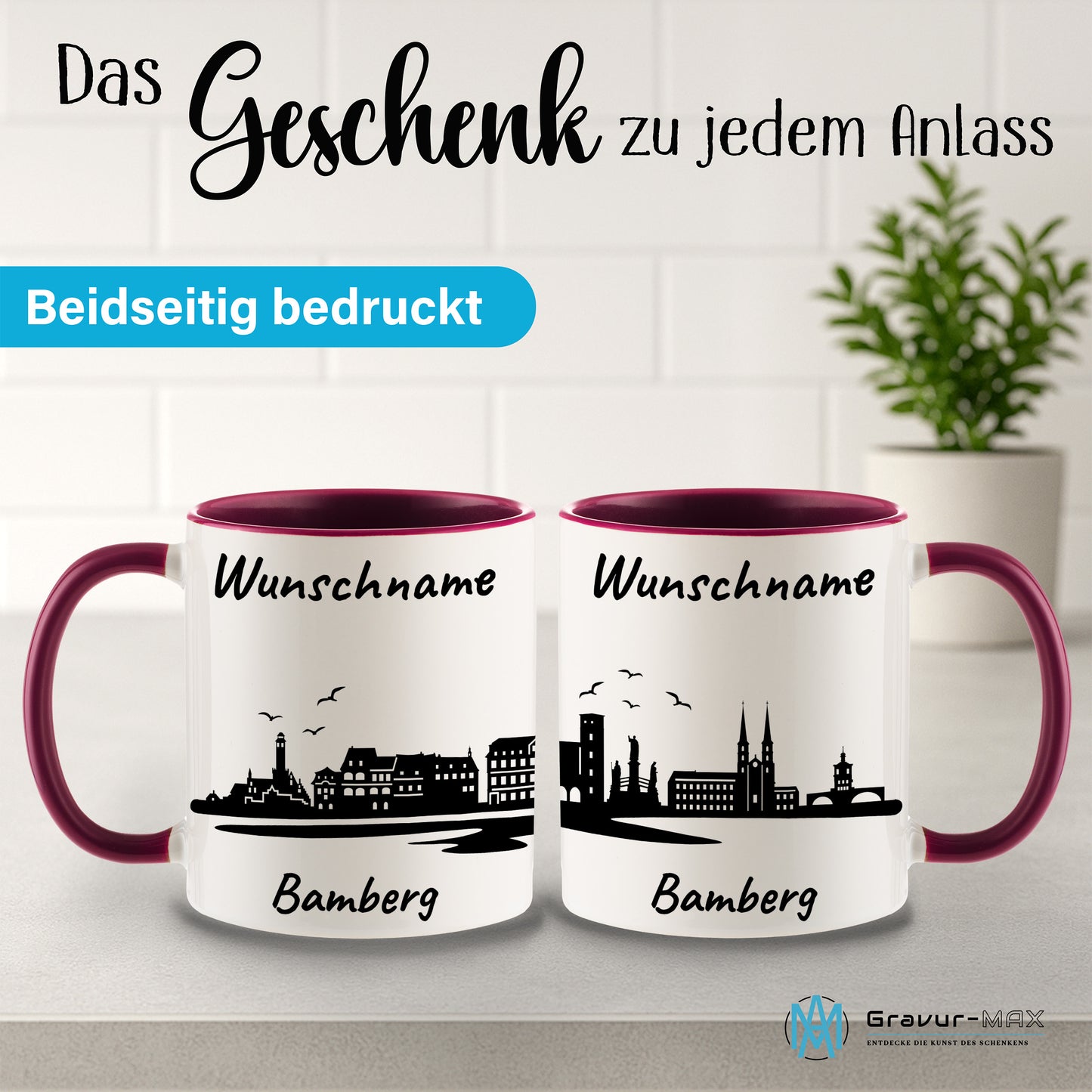 Tasse in Bordeauxrot 330ml bedruckt mit der Skyline von Bamberg personalisierbar mit Wunschname