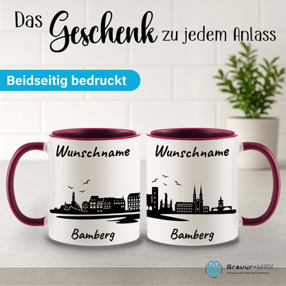 Tasse in Bordeauxrot 330ml bedruckt mit der Skyline von Bamberg personalisierbar mit Wunschname
