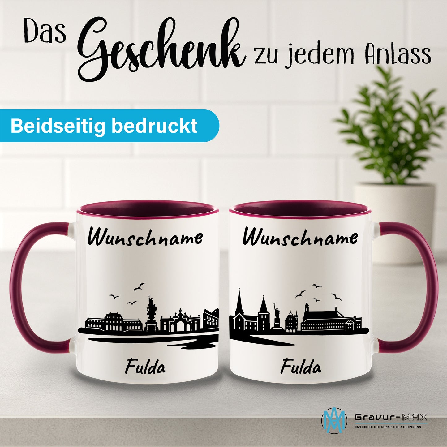 Tasse in Bordeauxrot 330ml bedruckt mit der Skyline von Fulda personalisierbar mit Wunschname