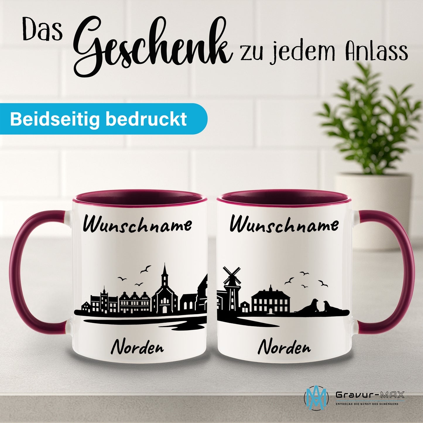 Tasse in Bordeauxrot 330ml bedruckt mit der Skyline von Norden personalisierbar mit Wunschname