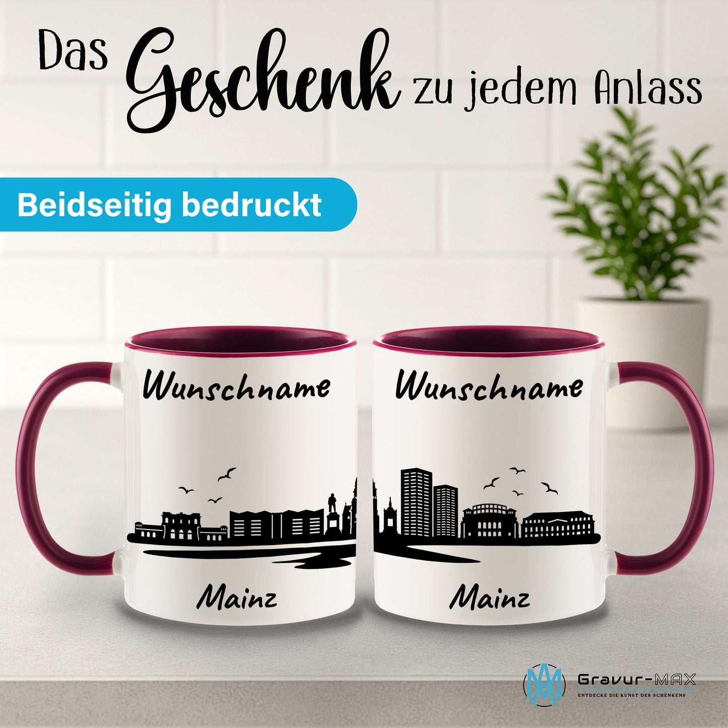 Tasse in Bordeauxrot 330ml bedruckt mit der Skyline von Mainz personalisierbar mit Wunschname