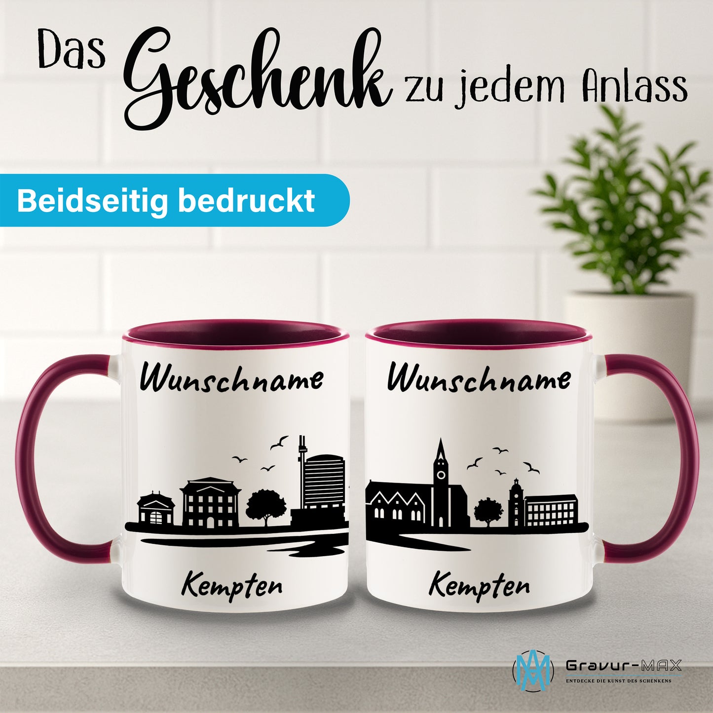Tasse in Bordeauxrot 330ml bedruckt mit der Skyline von Kempten personalisierbar mit Wunschname