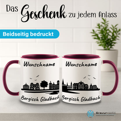 Tasse in Bordeauxrot 330ml bedruckt mit der Skyline von Bergisch Gladbach personalisierbar mit Wunschname