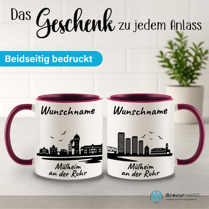 Tasse in Bordeauxrot 330ml bedruckt mit der Skyline von Mülheim an der Ruhr personalisierbar mit Wunschname