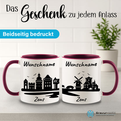 Tasse in Bordeauxrot 330ml bedruckt mit der Skyline von Zons (Dormagen) personalisierbar mit Wunschname