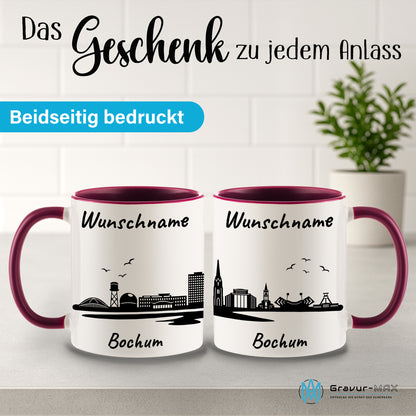 Tasse in Bordeauxrot 330ml bedruckt mit der Skyline von Bochum personalisierbar mit Wunschname
