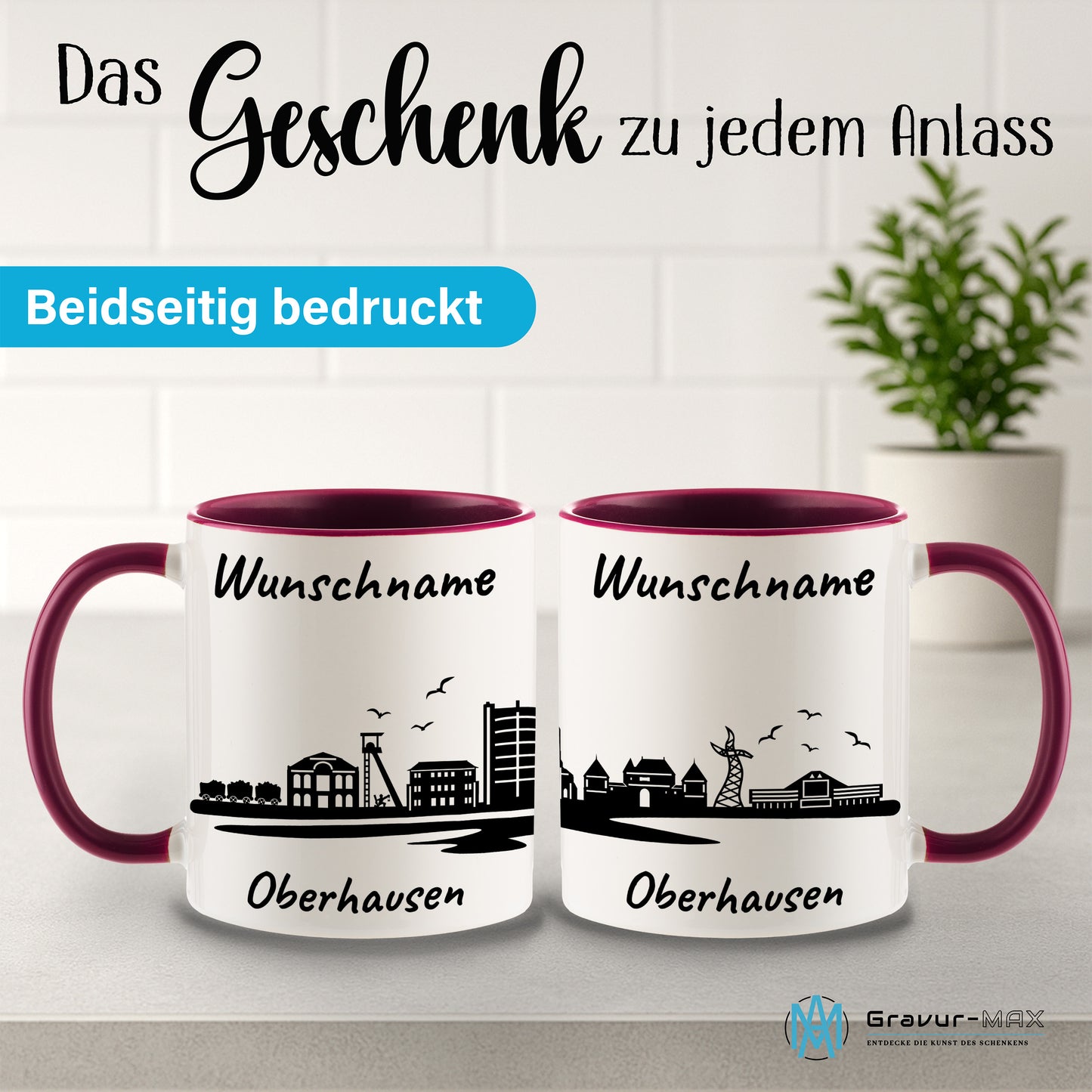 Tasse in Bordeauxrot 330ml bedruckt mit der Skyline von Oberhausen personalisierbar mit Wunschname