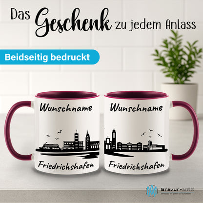 Tasse in Bordeauxrot 330ml bedruckt mit der Skyline von Friedrichshafen personalisierbar mit Wunschname