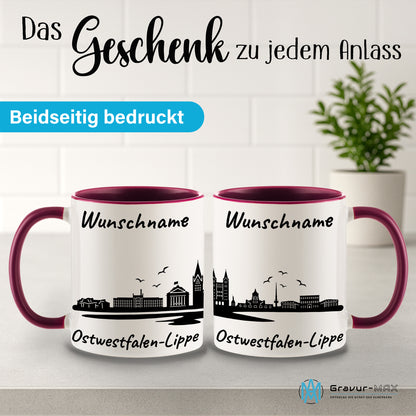 Tasse in Bordeauxrot 330ml bedruckt mit der Skyline von Ostwestfalen-Lippe personalisierbar mit Wunschname