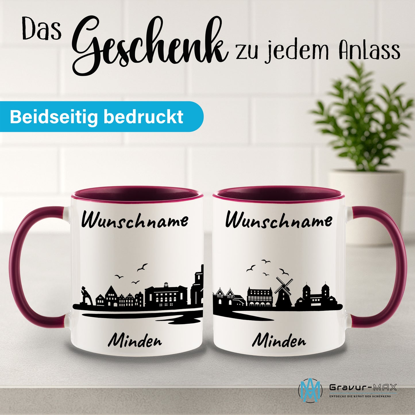 Tasse in Bordeauxrot 330ml bedruckt mit der Skyline von Minden personalisierbar mit Wunschname