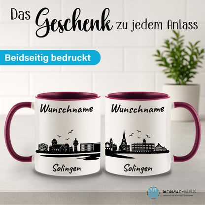 Tasse in Bordeauxrot 330ml bedruckt mit der Skyline von Solingen personalisierbar mit Wunschname