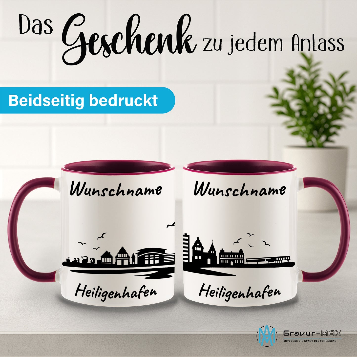 Tasse in Bordeauxrot 330ml bedruckt mit der Skyline von Heiligenhafen personalisierbar mit Wunschname