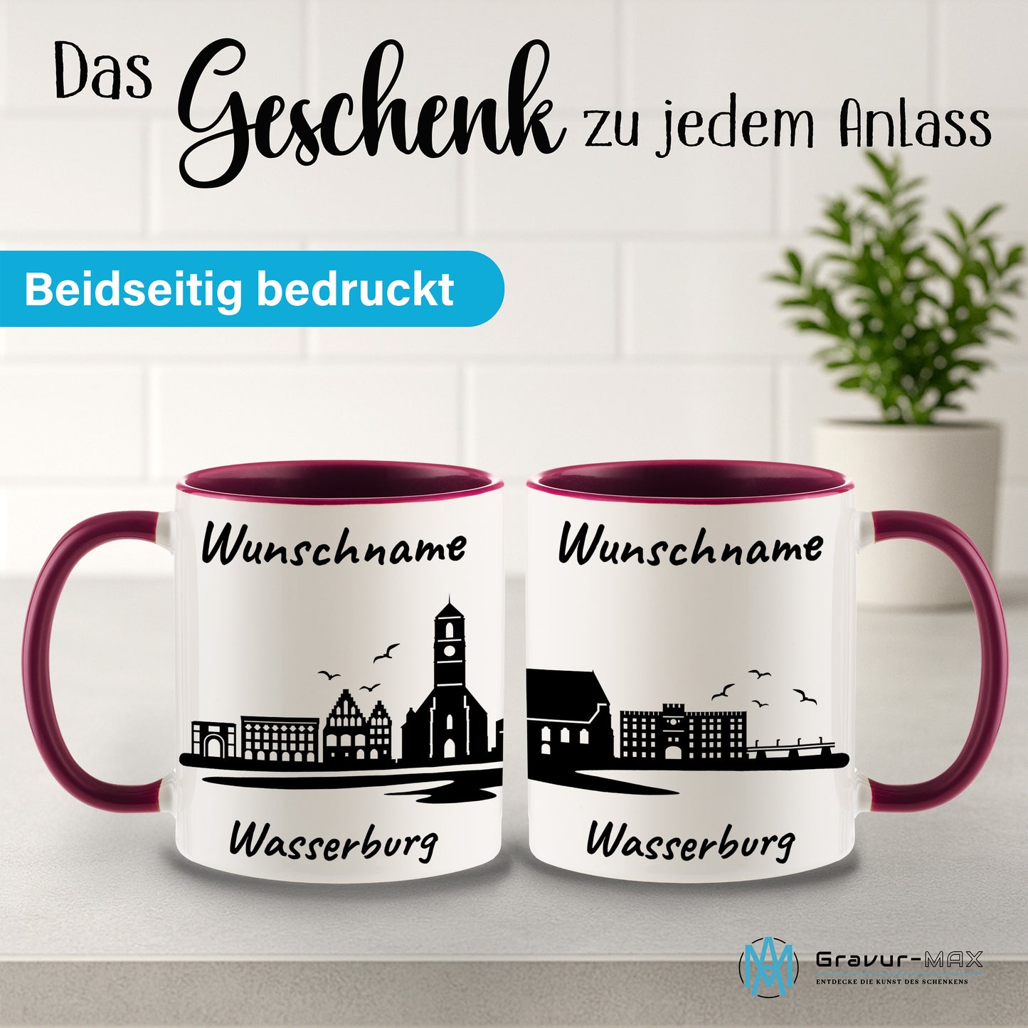 Tasse in Bordeauxrot 330ml bedruckt mit der Skyline von Wasserburg personalisierbar mit Wunschname