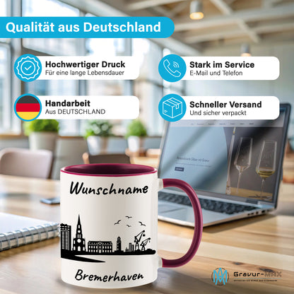 Tasse in Bordeauxrot 330ml bedruckt mit der Skyline von Bremerhaven personalisierbar mit Wunschname