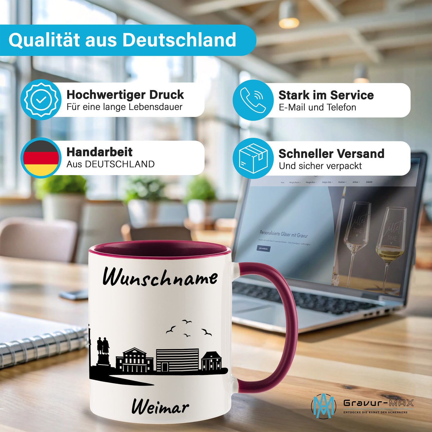 Tasse in Bordeauxrot 330ml bedruckt mit der Skyline von Weimar personalisierbar mit Wunschname