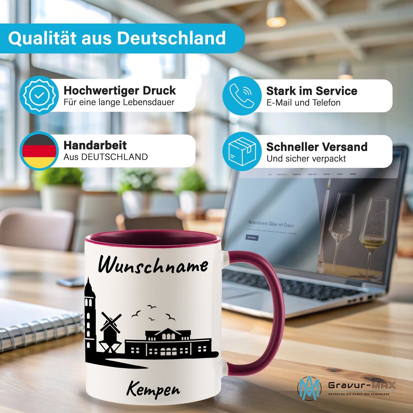 Tasse in Bordeauxrot 330ml bedruckt mit der Skyline von Kempen personalisierbar mit Wunschname