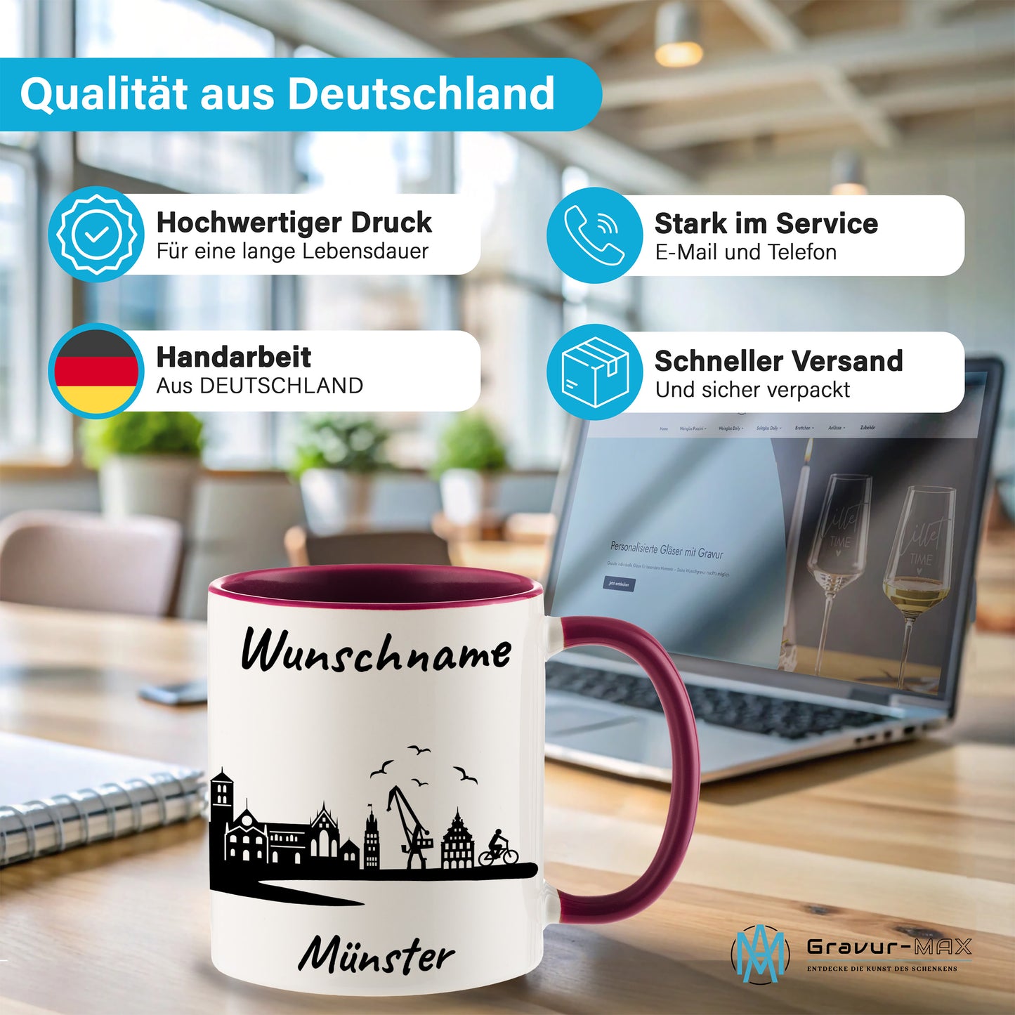 Tasse in Bordeauxrot 330ml bedruckt mit der Skyline von Münster personalisierbar mit Wunschname