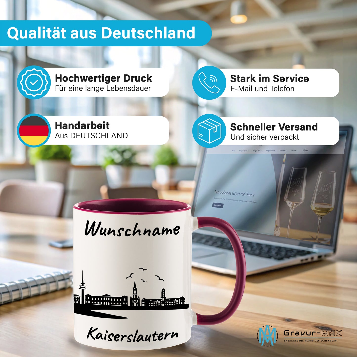 Tasse in Bordeauxrot 330ml bedruckt mit der Skyline von Kaiserslautern personalisierbar mit Wunschname