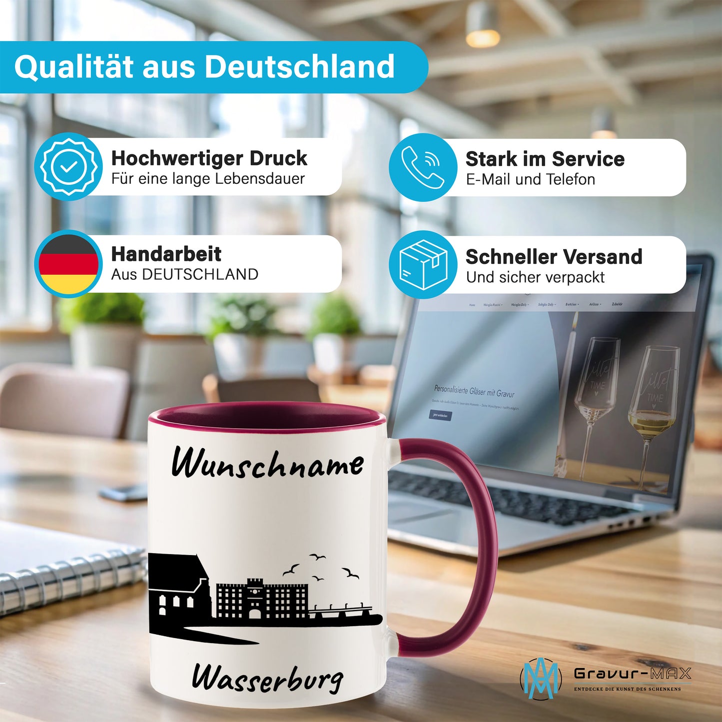 Tasse in Bordeauxrot 330ml bedruckt mit der Skyline von Wasserburg personalisierbar mit Wunschname
