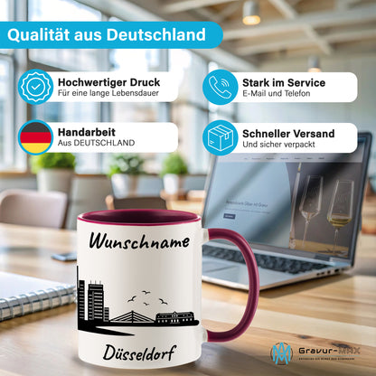 Tasse in Bordeauxrot 330ml bedruckt mit der Skyline von Düsseldorf personalisierbar mit Wunschname