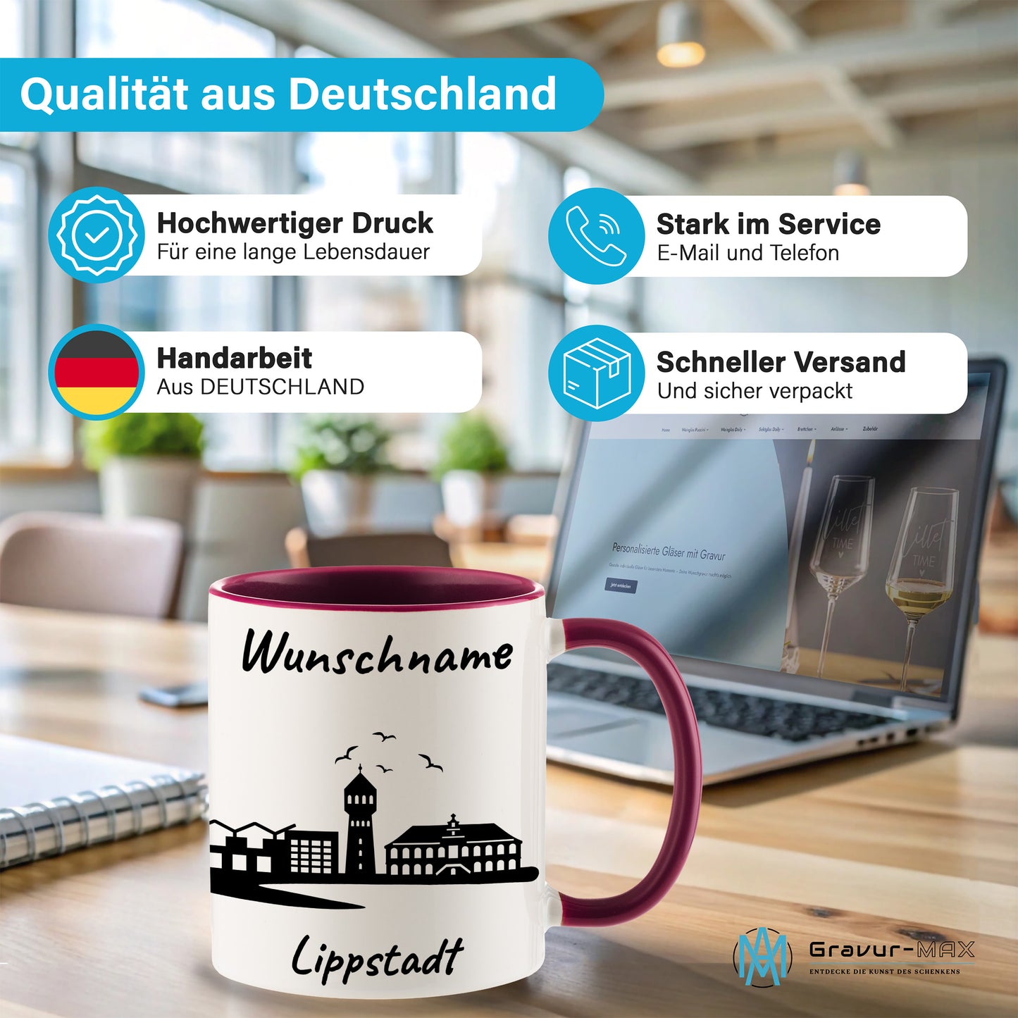 Tasse in Bordeauxrot 330ml bedruckt mit der Skyline von Lippstadt personalisierbar mit Wunschname