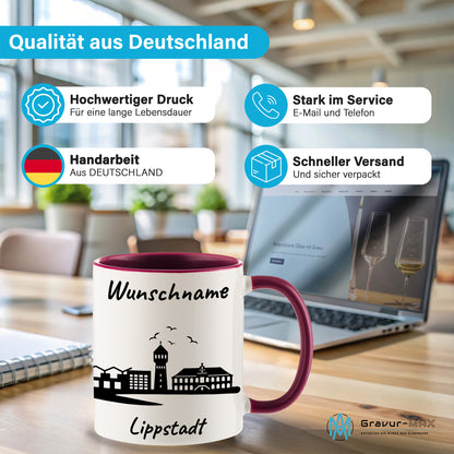 Tasse in Bordeauxrot 330ml bedruckt mit der Skyline von Lippstadt personalisierbar mit Wunschname