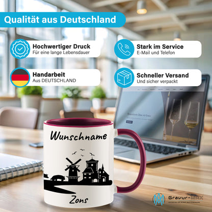 Tasse in Bordeauxrot 330ml bedruckt mit der Skyline von Zons (Dormagen) personalisierbar mit Wunschname